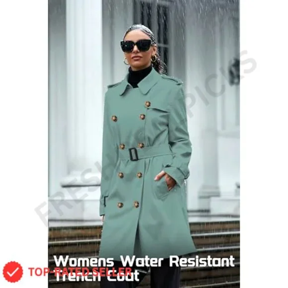 Women's Double Breasted Waterproof Trench Coat Classic Lapel Overcoat with Belt - Picture 5 of 7